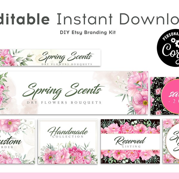 Flowers Etsy Cover, Etsy Store Set, Etsy Shop Kit, Etsy Cover Package, Spring Etsy Shop Banner, Floral cover, Editable etsy set