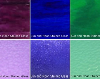 May include: Six samples of stained glass in various colors, including purple, blue, green, and lavender. Each sample has a different texture and pattern. The text "Sun and Moon Stained Glass" appears below each sample.