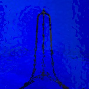 May include: Abstract image with a vibrant blue background and a dark, vertical, arch-like shape. The blue surface has a textured appearance, with subtle variations in tone. The dark shape appears to be a series of connected lines.
