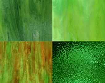 May include: Four different green glass samples, each with a unique texture. The top left sample has a smooth, swirled pattern. The top right sample has a smooth, cloudy pattern. The bottom left sample has a smooth, streaked pattern. The bottom right sample has a textured, bumpy pattern.
