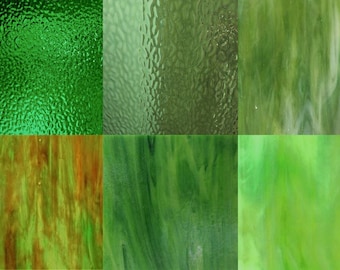 May include: A collage of six different green glass textures. The top row features three textured glass panels, while the bottom row features three panels with a swirled, marbled effect.