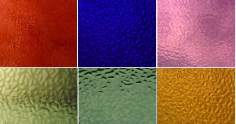 May include: A collection of six square glass tiles with a textured surface. The tiles are in various colors, including red, blue, pink, green, and gold.