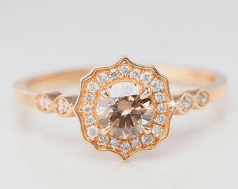 Vintage Style Champagne Diamond Soliatire 14K Rose Gold Ring ,Engagement Ring