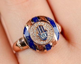 Hamsa Hand Ring: Moissanite, Enamel, 14K Gold or Sterling Silver