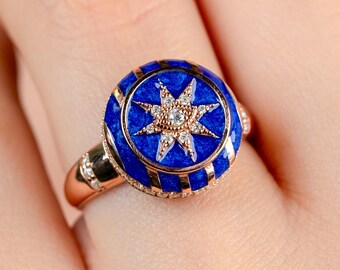 Evil Eye Compass Star Ring: Moissanite, Enamel, 14K Gold or Sterling Silver