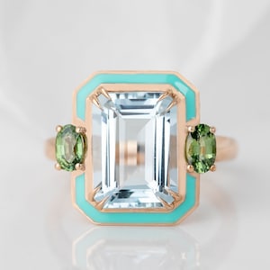 14k Solid Gold Art Deco Aquamarine & Green Sapphire Ring, Gemstone Cocktail Ring, Silver Statement Jewelry, March Birthstone, Gift for Mom