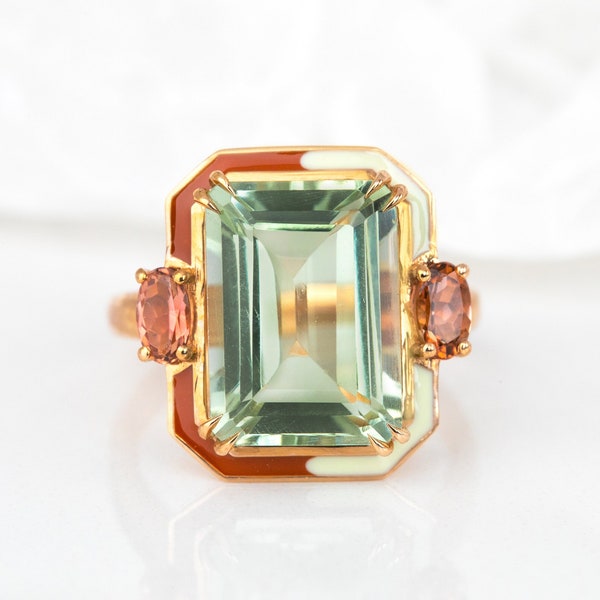 Artdeco and Cocktail Style Ring,Green Amethyst and Pink Tourmaline Stone Ring,14K Solid Gold or 925 Sterling Silver