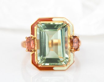 Artdeco and Cocktail Style Ring,Green Amethyst and Pink Tourmaline Stone Ring,14K Solid Gold or 925 Sterling Silver