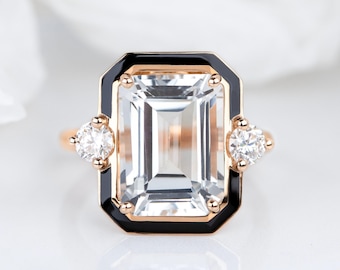 14k Rose Gold White Topaz Ring: Art Deco Emerald Cut