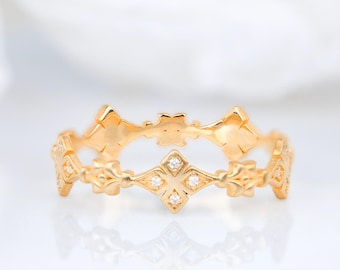 Vintage Inspired Natural Diamond Wedding Band, 14K Solid Gold, 0.10 ct