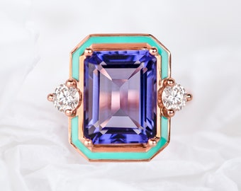 Art Deco and Cocktail Style Ring, Tanzanite and Moissanite Stone Ring, 14K Gold Cocktail Ring or 925 Sterling Silver