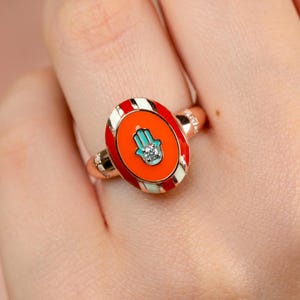 Evil  Eye Hamsa Ring – Colorful Enamel Protection Ring in Gold or Silver | Handmade Statement Jewelry, Fatima Hand Ring, Gift for Her