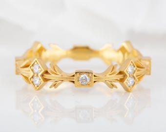 14K Solid Gold Natural Diamond Wedding Band, Vintage Leaf Ring, 0.08 ct