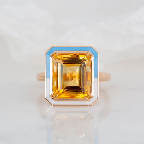 Art Deco and Cocktail Style Rings, 6.00-7.00 Ct Citrine Stone Ring,14K Gold Ring with White and Baby Blue Color Enamel