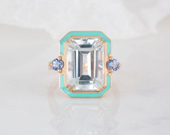 Art Deco und Cocktail Style Ring, 6,90 Ct. Blauer Topas und Ceylon Saphir Ring, 14K Solid Gold oder 925 Sterling Silber