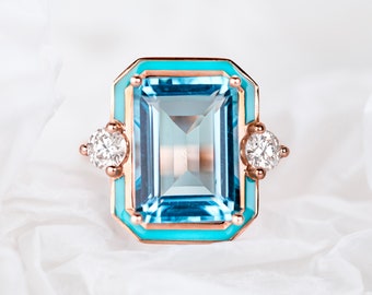 Art Deco and Cocktail Style Ring, Sky Topaz and Moissanite Stone Ring, 14K Gold Cocktail Ring or 925 Sterling Silver