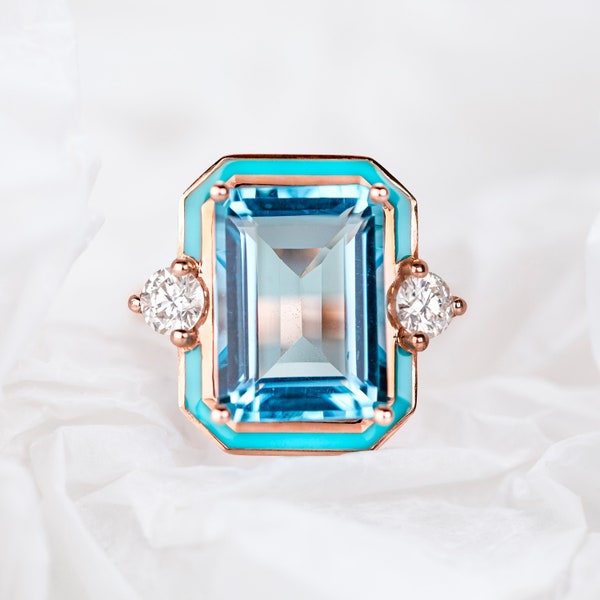 Art Deco and Cocktail Style Ring, Sky Topaz and Moissanite Stone Ring, 14K Gold Cocktail Ring or 925 Sterling Silver