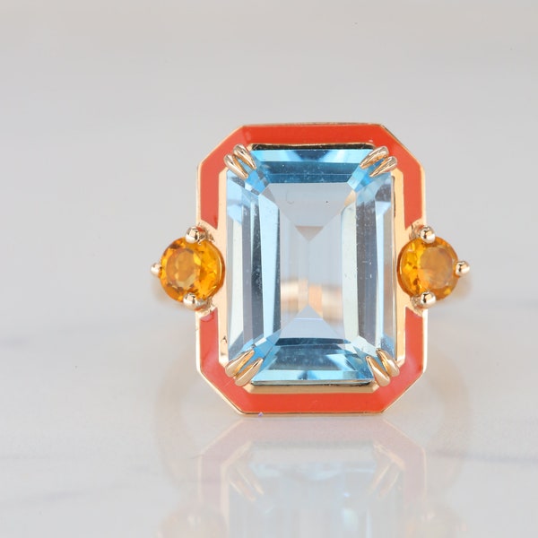 Artdeco Style Enameled Sky Topaz Ring, Multistone Ring,Statement Ring, Gift For Her, Enameled Ring,14K Gold or 925 Sterling Silver