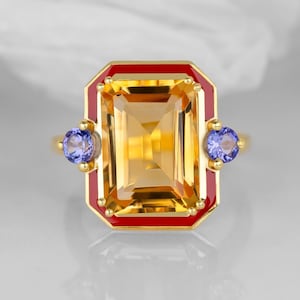14k Solid Gold Citrine Gemstone Statement Ring, November Birthstone, Citrine Stone Ring, Cocktail Ring, 925 Silver, Citrine Engagement Ring