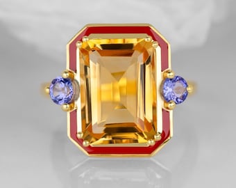 14k Gold Citrine Statement Ring: Sapphire Accents, November Birthstone