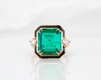 Artdeco and Cocktail Style Ring, 5.55 Ct Synthetic Emerald & Diamond Ring, 14K Solid Gold or 925 Sterling Silver