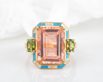Art Deco and Cocktail Style Ring,14K Gold Ring Pink Quartz and Pink Tourmaline Stone Ring