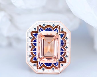 Art Deco Ring, 6.00-7.00 Ct Morganite Stone and Colorful Enamel Ring, 14K Gold Cocktail Ring or 925 Sterling Silver