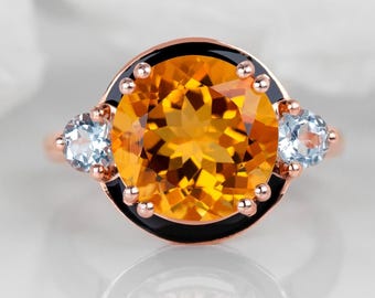 14K Gold Citrine Cocktail Ring: Art Deco Sky Blue Topaz Accents