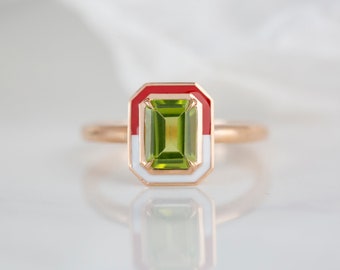Art Deco and Cocktail Style Ring, 0.90-1.00 Ct Peridot Double Color Enamel, 14K Gold Cocktail Ring or 925 Sterling Silver