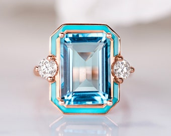 14k Rose Gold Sky Blue Topaz Ring: Art Deco Moissanite Cocktail Ring