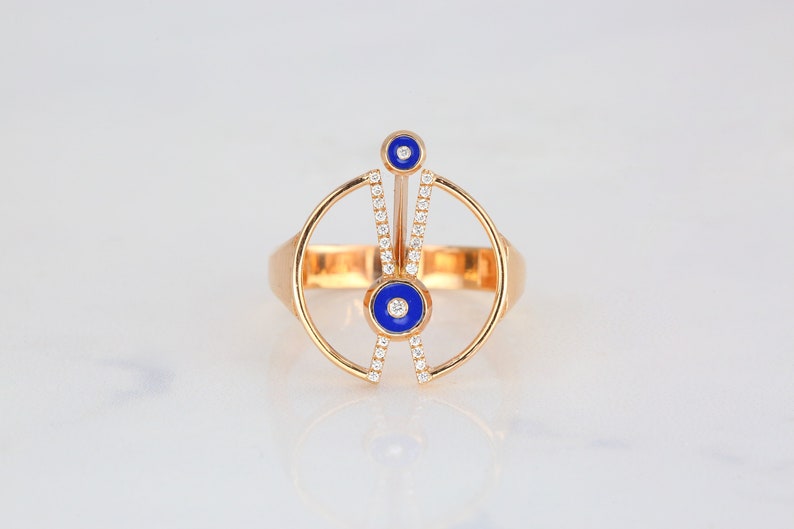 14K Gold Art Deco Style 0.18 Ct Diamant Lapis emaillierter Cocktail Ring Bild 3