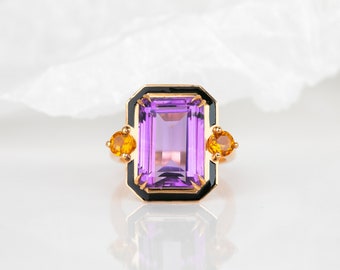 Art Deco and Cocktail Style Ring, 6.20 Ct Amethyst and Citrine Stone Ring, 14K Gold or 925 Sterling Silver Ring