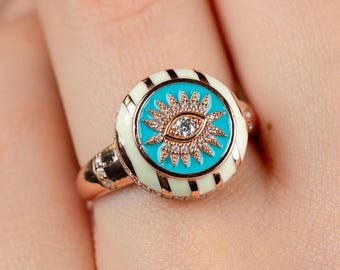 Evil Eye Ring: Enamel & Moissanite, Gold or Sterling Silver