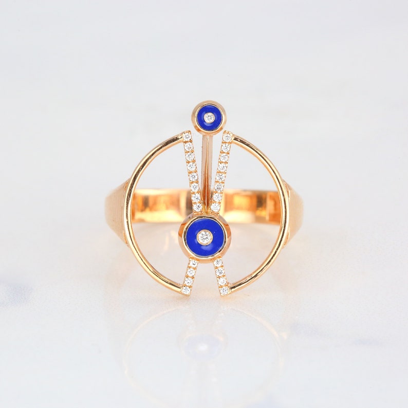 14K Gold Art Deco Style 0.18 Ct Diamant Lapis emaillierter Cocktail Ring Bild 1