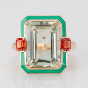 Art Deco and Cocktail Style Ring, 6.20 Ct Green Amethyst and Sapphire Stone Ring,14K Gold or 925 Sterling Silver