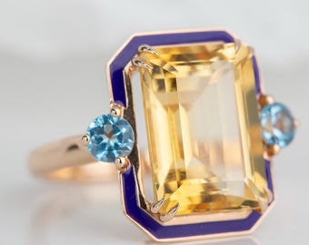14k Rose Gold Citrine Statement Ring with Sky Topaz