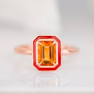 Art Deco and Cocktail Style Ring, 0.90-1.00 Ct Citrine Stone and Colorful Enamel Ring, 14K Gold Cocktail Ring or 925 Sterling Silver
