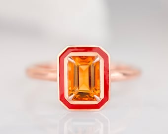 Art Deco and Cocktail Style Ring, 0.90-1.00 Ct Citrine Stone and Colorful Enamel Ring, 14K Gold Cocktail Ring or 925 Sterling Silver