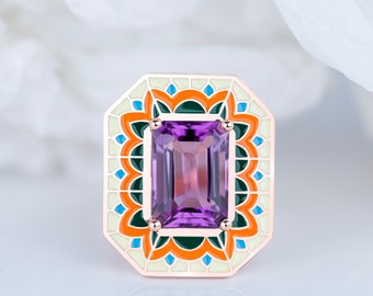 Art Deco Ring, 6.00-7.00 Ct Amethyst Stone and Colorful Enamel Ring, 14K Gold Cocktail Ring or 925 Sterling Silver