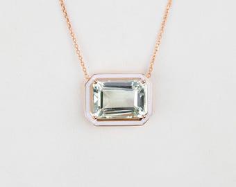 14k Solid Gold Green Amethyst Statement Necklace, Green Amethyst Jewelry, Green Amethyst Pendant, Gemstone Necklace, February Birthstone
