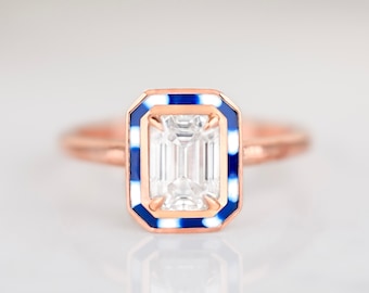 14k Solid Gold Emerald Cut Moissanite Ring: Art Deco Enamel Promise Ring