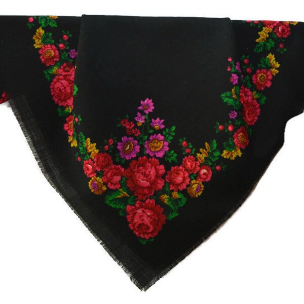 80s+ Vintage Russian Shawl Scarf Russian style Floral russian shawl Folk print Challe russe Scialle russo Scialli Pavlovo-Posad B050