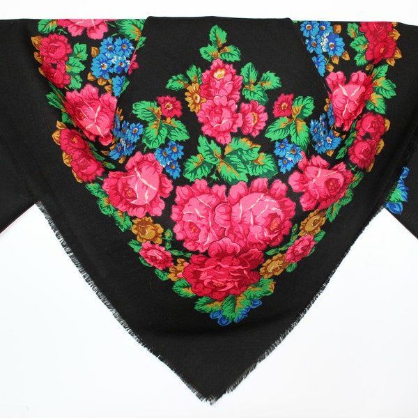 80s+ Vintage Large Shawl Scarf Russian style Babushka Floral russian shawl Folk Challe russe Scialle russo Scialli di Pavlovo-Posad B051