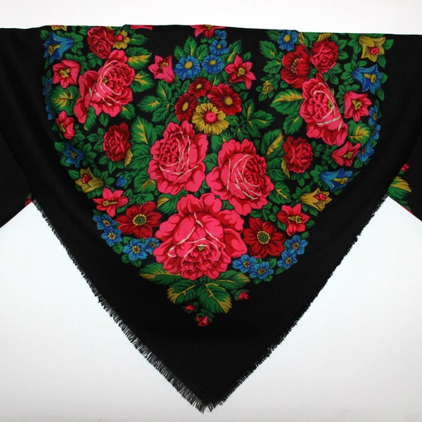80s+ Vintage shawl, Russian style, 100% Wool, Floral russian shawl, Folk print, Flowers on shawl, Ukrainian Shawl, Roses, Gift for her B010
