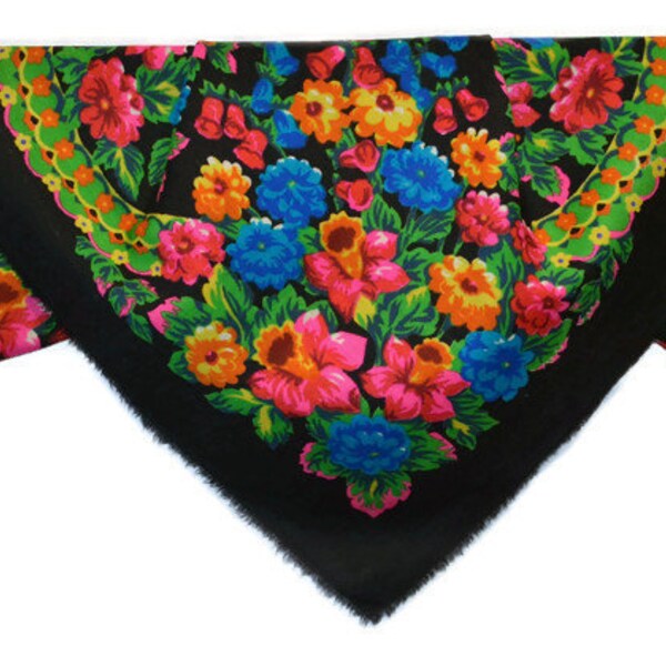 80s+ Vintage shawl, Russian style, Floral russian shawl, Flowers on shawl, Challe russe, Scialle russo, Scialli B040