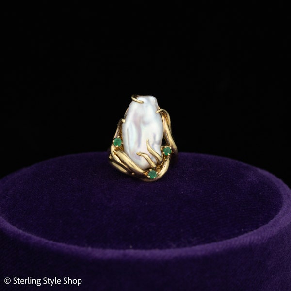 18K Yellow Gold Freshwater Pearl Ring, Cultured Pearl Emerald Gold Ring, Hallmarked, Vacation jewelry, Large Pearl Jewelry
