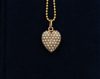 Victorian Diamond & Pearl Heart Pendant, 14K Puffy Heart Pendant, Seed Pearl Diamond Heart Pendant, Heart Locket 14ct Gold, Hallmarked 14K