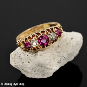 Antique 1900s 18K Ruby and Diamond Ring: Victorian Five Stone Half Hoop