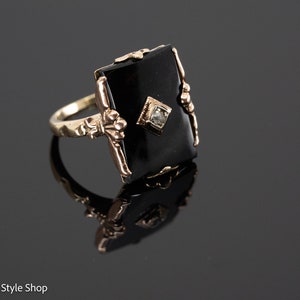 14k Rose Gold Onyx Diamond Ring: Vintage Orange Blossom Design