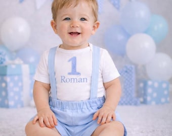 Baby Boy First Birthday Outfit – Personalized Blue Suspender Shorts Set